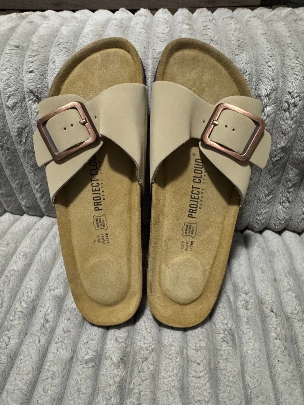 PROJECT CLOUD Taupe Single-Buckle Slide Sandals with Rose-Gold Buckle